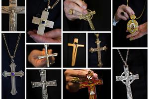 This combo shows pectoral crosses and one panagia (top right) worn by various U.S. bishops.