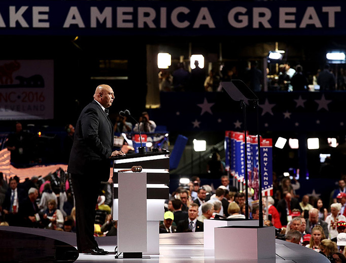 Sajid Tarar, founder of Muslims for Trump, delivers a speech on the second day of the Republican National Convention on July 19, 2016 at the Quicken Loans Arena in Cleveland, Ohio. The four-day Republican National Convention kicked off on July 18.