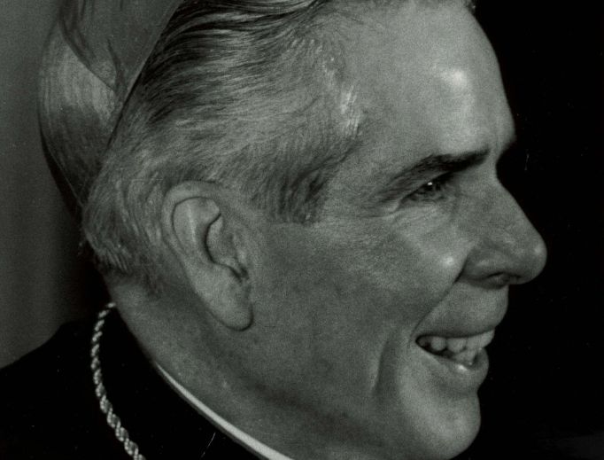 Archbishop Sheen's portrait as it appears on a holy card. 