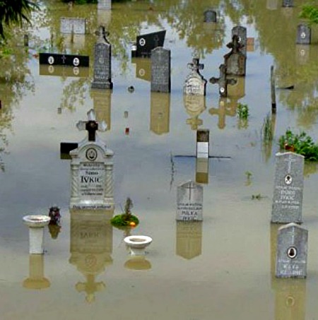 A flooded cemetery in the Archdiocese of Vhrbosna in Sarajevo

