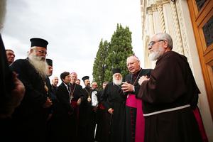 Members of the commission for dialogue between the Orthodox and Catholic Churches outside the shrine of the Holy Face in Manoppello, Italy, on Sept. 18. 