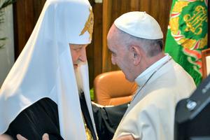 The head of the Russian Orthodox Church, Patriarch Kirill, and Pope Francis greet each other as as they meet at the Jose Marti airport in Havana, Cuba, on Feb. 12. This is the first-ever papal meeting with the head of the Russian Orthodox Church, a historic development in the 1,000-year schism within Eastern and Western Catholicism.
