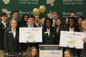 Above, Students from Blessed Trinity High School in Roswell, Georgia, in the Archdiocese of Atlanta are blessed by the generosity of iGiveCatholic. Below,  the Archdiocese for the Military Services participates in the giving campaign to raise funds for military priests; and Father Mitch Semar, pastor of St. Thomas Aquinas Catholic Church and Student Center at Nicholls State College, shown with the Colonel mascot, and students at Nicholls State University in Thibodaux, Louisiana, in the Diocese of Houma-Thibodaux, were able to fundraise for their new Two Hearts Perpetual Adoration Chapel.


