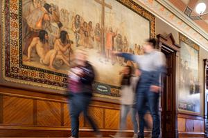 Murals depicting Christopher Columbus' voyages to the Americas in the ceremonial entrance to the Main Building at the University of Notre Dame.