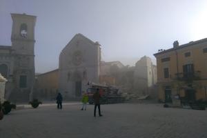 The basilica of St. Benedict, built over the birthplace of the saint, has been flattened in the latest quake leaving just its facade standing.