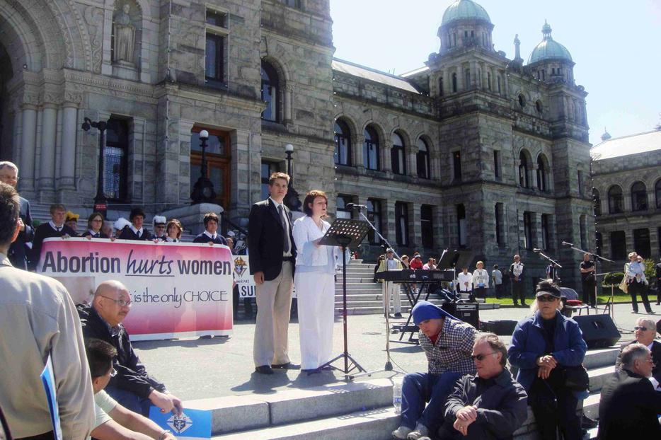 Robin and Rachel Daniels speaking at the May 14 March for Life in Victoria, British Columbia.