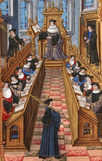 A meeting of doctors at the university of Paris. From the "Chants royaux" manuscript, 1537. (Bibliothèque Nationale, Paris)