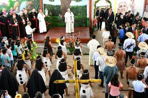 Pope Francis meets with indigenous Peruvians at 'Hogar Principito' Children's home, in Puerto Maldonado, Jan. 19. 