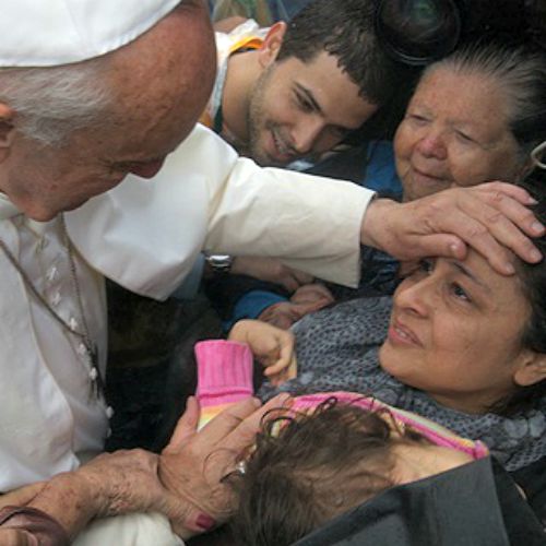 Pope Francis visits the Brazilian community of Varginha.
