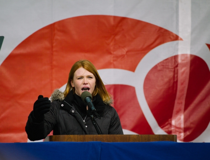 Above, Katrina Gallic speaks at the March for Life Rally in 2017. Below, Gallic is shown in action, on her way to the state title.
