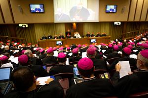 Pope Francis leads the introductory prayer and delivers his greeting on the opening day of the 15th Ordinary General Assembly of the Synod of Bishops in the Vatican Synod Hall on Oct. 3, 2018. 