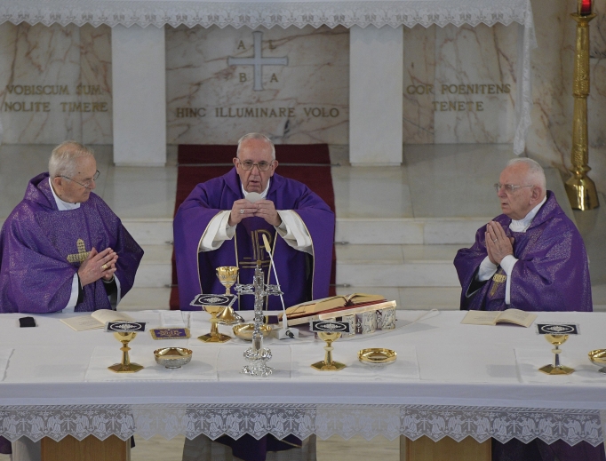 Pope Francis celebrates Mass at the Divine Master House in Rome, Italy, while on retreat with members of the Roman Curia on March 10, 2017.
