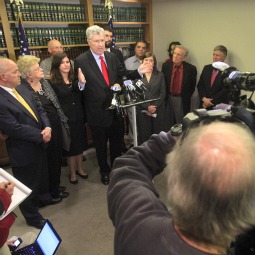 Attorney Thomas Neuberger speaks alongside victims of clergy sexual abuse during a press conference Feb. 3, the day after a $77.4 million settlement agreement was reached with the Diocese of Wilmington, Del. A priest sex-abuse case against the Oblates of St. Francis de Sales, the order that operates Salesianum School, goes to trial Feb. 27, Neuberger said.
