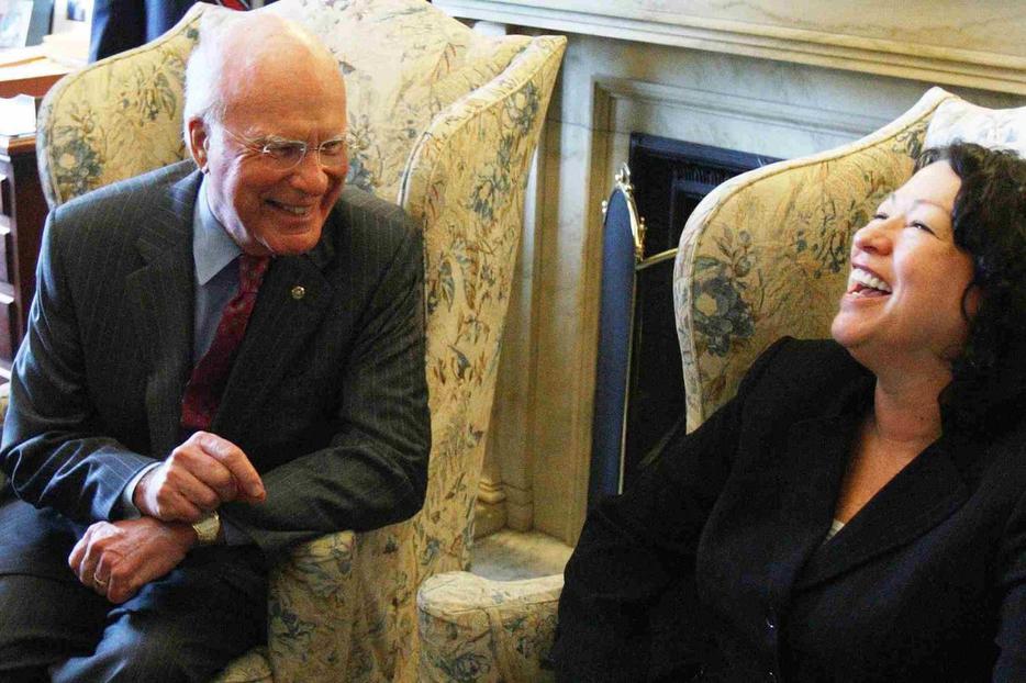 Pro-abortion Catholic Sen. Patrick Leahy, chairman of the Senate Judiciary Committee, shares a chuckle June 2 with Judge Sonia Sotomayor on Capitol Hill.