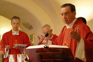 Archbishop Dennis Schnurr (foreground) celebrates Mass at the tomb of St. Peter.