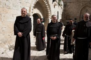 Franciscans visit the Cenacle (the Upper Room) in Jerusalem. 