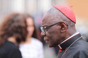 Cardinal Robert Sarah leaving the synod hall, Oct. 16, 2018.