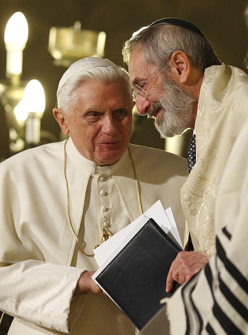 Pope Benedict XVI talks with Rabbi Riccardo Di Segni, the chief rabbi of Rome, during his visit to Rome's main synagogue Jan. 17.