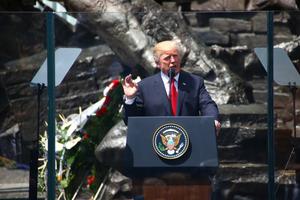 President Donald Trump speaks at the monument to the heroes of the 1944 Warsaw Uprising against the occupying Nazi Germans in Krasinski Square in Warsaw, Poland, July 6.