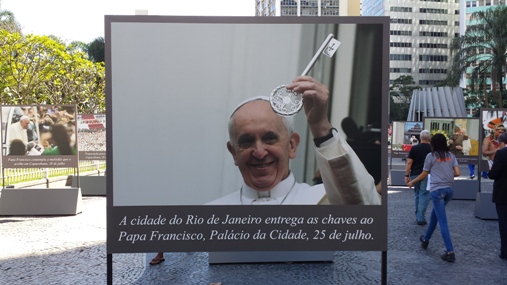 Photo exhibit picturing Pope Francis with the keys of the city of Rio De Janeiro before World Youth Day 2013.