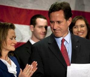 Surrounded by members of his family, Republican presidential candidate former U.S. Sen. Rick Santorum announces he will be suspending his campaign during a press conference April 10 at the Gettysburg Hotel in Pennsylvania.