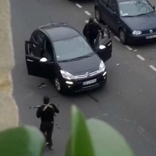 A still image from an amateur video posted on YouTube shows a moment of the assault on satirical newspaper Charlie Hebdo on Jan. 7. 