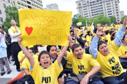 IN SUPPORT. Students from Sacred Heart School in Washington participate in a May 2009 rally at the city's Freedom Plaza to support the D.C. Opportunity Scholarship Program, a voucher program that provides grants for private school tuition.