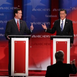 Republican presidential candidate Rick Santorum presents a challenge to former Massachusetts Gov. Mitt Romney for the votes of pro-life conservatives. But two letters by prominent conservatives and pro-lifers and former U.S. ambassadors to the Holy See get behind Romney. The candidates are shown during the NBC News Facebook Debate on Jan. 8.