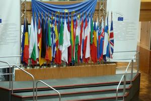 European flags on display at the European Parliament in Strasbourg, France.
