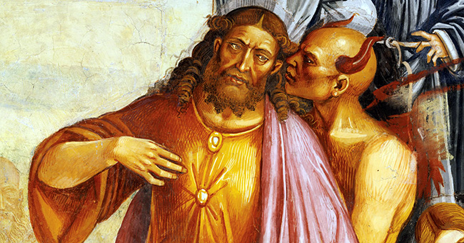 Luca Signorelli, “Deeds of the Antichrist” (c. 1501). Note the lack of wounds in the hands of the Christ-like figure. This is the artist's way of indicating that he is actually the Antichrist.