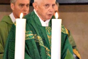 Benedict XVI says Mass at the chapel of the Vatican’s Teutonic Cemetery for his former students at their annual gathering on Aug. 30.
