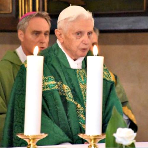Benedict XVI says Mass at the chapel of the Vatican’s Teutonic Cemetery for his former students at their annual gathering on Aug. 30.
