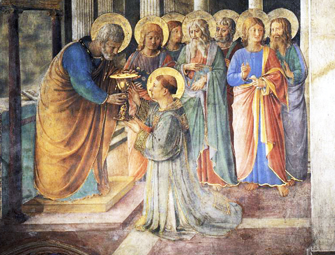 Fra Angelico, “Saint Peter Consecrates Saint Stephen, with the Seven Deacons,” c. 1448