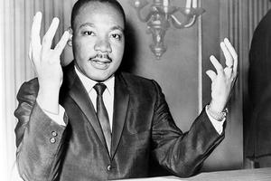 Rev. Martin Luther King speaks at a press conference on Nov. 6, 1964
