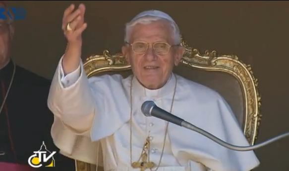Pope Benedict XVI greeting pilgrims in the square outside the apostolic palace in Castel Gandolfo, Aug. 1st, 2012