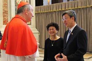 Above, Taiwan Vice President Chen Chien-jen is a renowned epidemiologist and devout Catholic. Elected in May 2016, he met Secretary of State Cardinal Pietro Parolin at the canonization of Mother Teresa in September 2016. Below,  founded in Beijing in 1925, Fu Jen University was closed by the Chinese communist regime. It  was reopened in Taipei  in 1961 by the Holy See, Society of Jesus and Society of the Divine Word. It is a major Catholic university. 