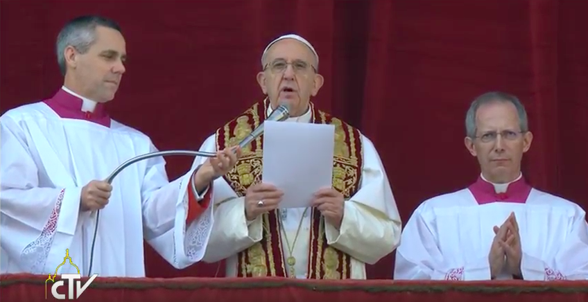 Pope Francis delivering his Christmas Message from the loggia of St. Peter's basilica, Dec. 25, 2016.