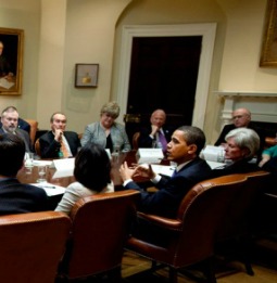 President Barack Obama and HHS Secretary Kathleen Sebelius meet with health-care stakeholders at the White House on May 11, 2009.