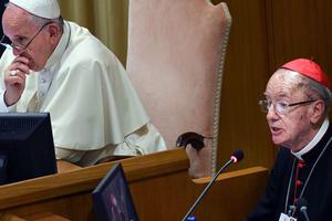 Pope Francis listens as Cardinal Claudio Hummes addresses the Special Assembly of the Synod of Bishops for the Pan-Amazon Region, Oct. 7, 2019, at the Vatican.

