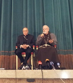Cardinals Daniel DiNardo(l) and Sean O'Malley speak at a March 5 press conference at the North American College.