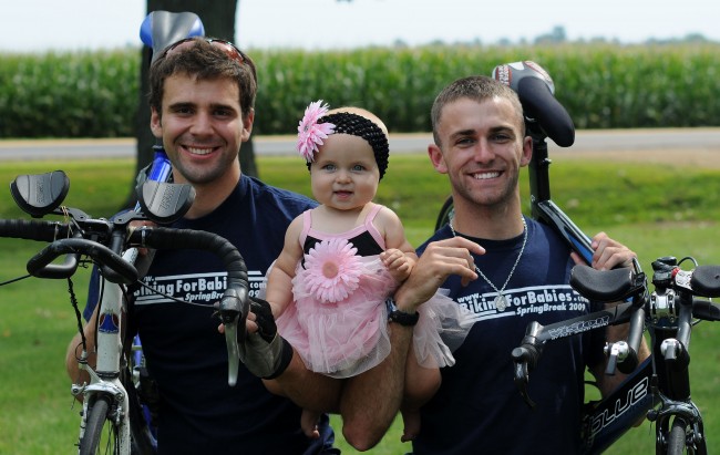 RIDE FOR LIFE. Biking for Babies’ co-founders Mike Schaefer (l) and Jimmy Becker (with Becker’s cousin Lucy) are ready to ride. 