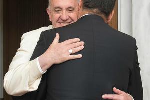Pope Francis embraces President Rafael Correa Delgado of Ecuador during their April 28 meeting at the Vatican.