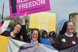 Religious sisters show their support of the Little Sisters of the Poor outside the Supreme Court, where oral arguments were heard on March 23 in the Zubik v. Burwell case against the HHS mandate.
