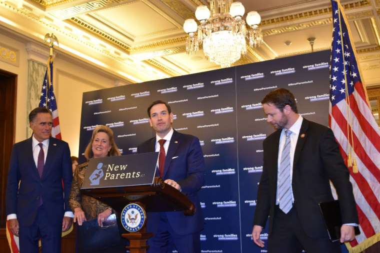 Sen. Marco Rubio, Sen. Mitt Romney, Rep. Ann Wagner and Rep. Dan Crenshaw at a press conference to announce the New Parents Act. 