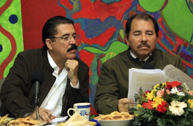 Honduras' ousted President Manuel Zelaya (l) meets with Nicaraguan President Daniel Ortega June 29 at Sandinista Party headquarters in Managua, Nicaragua.