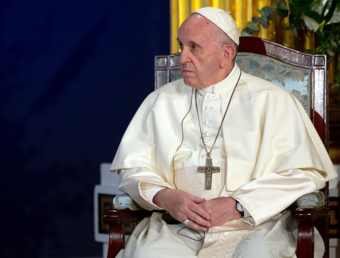 Pope Francis at St. Patrick’s Hall in Dublin Castle, Aug. 25, 2018.