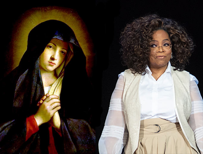 LEFT: Giovanni Battista Salvi da Sassoferrato, “The Madonna in Sorrow.” RIGHT: Oprah Winfrey speaks Saturday to a crowd of 15,000 in Denver (Photo by Tom Cooper/Getty Images).