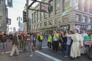Pro-life participants at Walk for Life West Coast 2015 encountered abortion supporters along the route.
 
