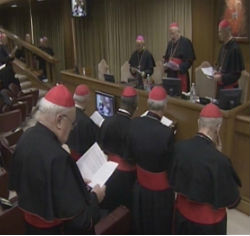 Cardinals pray during their second general meeting on March 4, 2013 in the Vatican's New Synod Hall.
