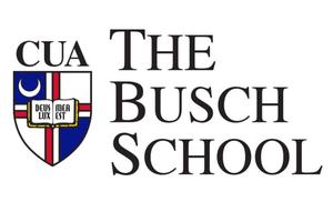 Above, the new school logo; below, an artistic rending of the upcoming updates to the business building, Maloney Hall. 